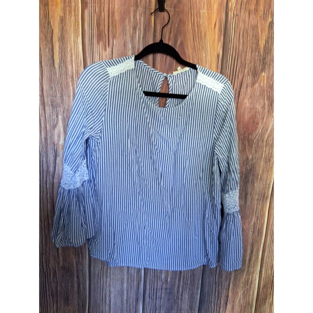 Jane & Delancey blue and white striped bell sleeve blouse crochet lace medium